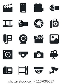 Set of vector isolated black icon - camera vector, clapboard, film frame, video, phone back, mobile, gallery, web, intercome, surveillance