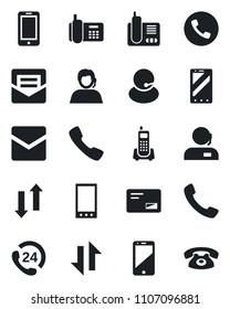 Set of vector isolated black icon - phone vector, mobile, office, 24 hours, support, cell, radio, mail, call, data exchange