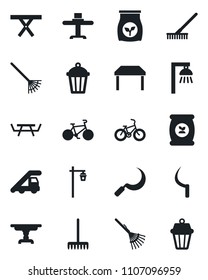 Set of vector isolated black icon - ladder car vector, rake, sickle, garden light, picnic table, fertilizer, bike, restaurant, outdoor lamp