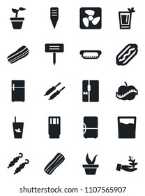 Set of vector isolated black icon - seedling vector, plant label, diet, fridge, drink, phyto bar, bacon, kebab, hot dog, fan, palm sproute