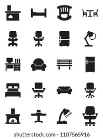 Set of vector isolated black icon - cafe vector, office chair, desk, bench, fireplace, lamp, bedroom, children room, cushioned furniture, restaurant table, fridge