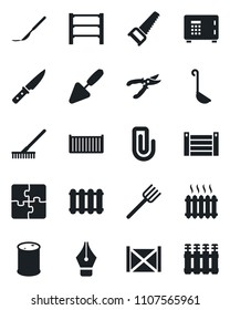 Set of vector isolated black icon - safe vector, trowel, farm fork, rake, pruner, saw, scalpel, cargo container, oil barrel, rack, application, paper clip, ink pen, heater, ladle, knife, radiator