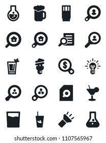 Set of vector isolated black icon - document search vector, torch, estate, client, drink, cocktail, phyto bar, beer, energy saving bulb, consumer, money, idea, flask