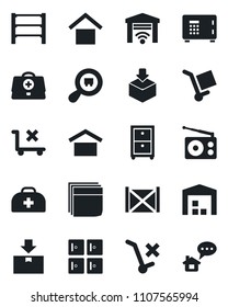 Set of vector isolated black icon - safe vector, checkroom, doctor case, container, cargo, warehouse storage, no trolley, package, search, rack, radio, blank box, archive, garage gate control