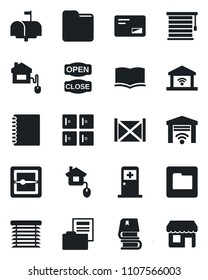 Set of vector isolated black icon - medical room vector, checkroom, book, container, mail, scanner, folder, copybook, document, mailbox, open close, home control, jalousie, garage gate, storefront