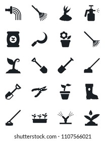 Set of vector isolated black icon - job vector, flower in pot, shovel, rake, seedling, watering, sproute, pruner, boot, hoe, sickle, garden sprayer, fertilizer, irrigation