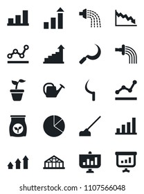 Set of vector isolated black icon - growth statistic vector, seedling, watering can, hoe, sickle, greenhouse, fertilizer, bar graph, pie, point, arrow up, crisis, presentation