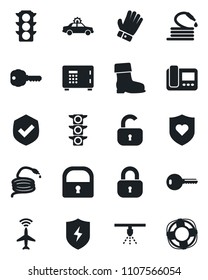 Set of vector isolated black icon - plane radar vector, alarm car, safe, glove, boot, hose, heart shield, traffic light, protect, lock, key, intercome, sprinkler, crisis management
