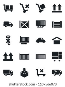 Set of vector isolated black icon - truck trailer vector, cargo container, car delivery, consolidated, warehouse storage, up side sign, no trolley, hook, package, moving