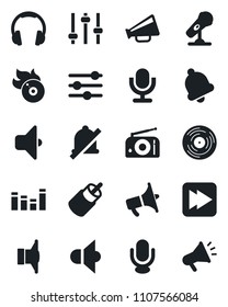 Set of vector isolated black icon - vinyl vector, flame disk, microphone, radio, speaker, loudspeaker, equalizer, headphones, fast forward, rca, tuning, bell, mute, sound, advertising
