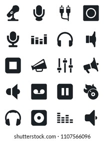 Set of vector isolated black icon - flame disk vector, microphone, speaker, loudspeaker, equalizer, headphones, pause button, stop, rec, rca, tuning, record, sound
