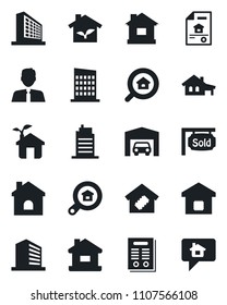 Set of vector isolated black icon - office building vector, house, contract, with garage, estate document, sold signboard, search, agent, smart home, city, eco, message