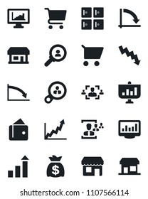 Set of vector isolated black icon - checkroom vector, growth statistic, money bag, crisis graph, store, monitor statistics, hr, consumer search, wallet, cart, presentation, storefront