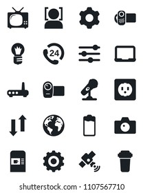 Set of vector isolated black icon - coffee machine vector, camera, gear, notebook pc, bulb, earth, 24 hours, microphone, satellite, video, battery, settings, tuning, data exchange, face id, tv