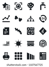 Set of vector isolated black icon - crisis graph vector, printer, sun, diagnosis, broken bone, railroad, 24 hours, sorting, favorites list, menu, fingerprint id, point, hierarchy, pool, water supply