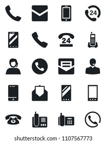 Set of vector isolated black icon - phone vector, mobile, office, 24 hours, support, cell, radio, mail, call