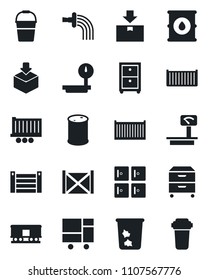 Set of vector isolated black icon - trash bin vector, checkroom, bucket, watering, truck trailer, cargo container, consolidated, package, oil barrel, heavy scales, railroad, archive box