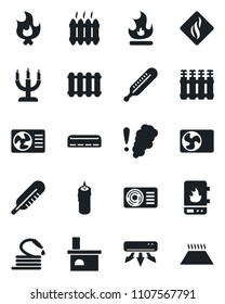 Set of vector isolated black icon - fire vector, hose, fireplace, thermometer, heater, air conditioner, candle, water, smoke detector, radiator, warm floor