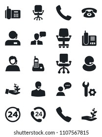 Set of vector isolated black icon - 24 around vector, office chair, phone, hours, support, speaker, radio, call, root setup, palm sproute