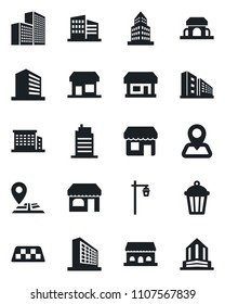 Set of vector isolated black icon - taxi vector, shop, office building, garden light, navigation, store, city house, cafe, storefront