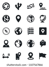 Set of vector isolated black icon - globe vector, seat map, route, navigation, earth, pin, mobile tracking, network, place tag, compass, flag