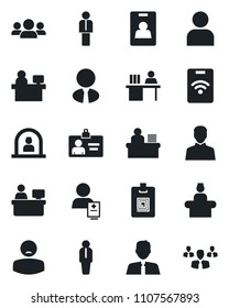 Set of vector isolated black icon - reception vector, manager, identity card, place, patient, user, desk, estate agent, pass, group