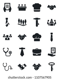 Set of vector isolated black icon - handshake vector, team, tie, document, stethoscope, meeting, cook hat, case