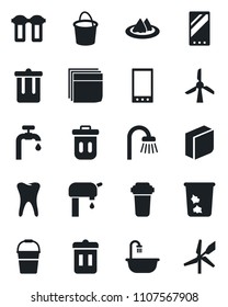 Set of vector isolated black icon - trash bin vector, bucket, tooth, mobile, blank box, water supply, bathroom, serviette, filter, windmill