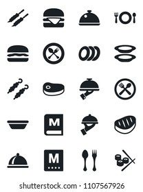 Set of vector isolated black icon - spoon and fork vector, dish, cafe, menu, plates, waiter, steak, kebab, hamburger, bowl, sushi