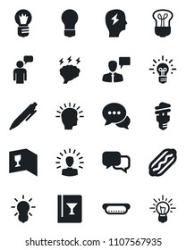 Set of vector isolated black icon - speaking man vector, pen, brainstorm, bulb, dialog, wine card, hot dog, energy saving, shining head, idea