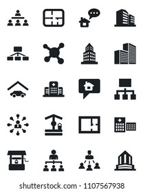 Set of vector isolated black icon - hierarchy vector, well, hospital, molecule, office building, garage, plan, home message