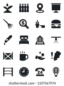 Set of vector isolated black icon - rake vector, dropper, 24 hours, clock, sea port, container, rack, place tag, coffee, presentation board, bedroom, hamburger, irrigation, smoke detector, radiator