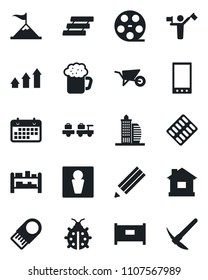 Set of vector isolated black icon - dispatcher vector, fence, male, baggage larry, wheelbarrow, lady bug, house, pills blister, term, rack, reel, mobile, paper tray, pencil, office building, beer