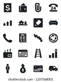 Set of vector isolated black icon - manager vector, growth statistic, crisis graph, ladder, 24 hours, receipt, network, call, notes, calendar, paper clip, contract, mail, house with tree, arrow up
