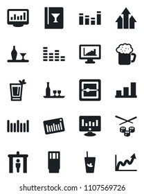 Set of vector isolated black icon - security gate vector, statistic monitor, barcode, equalizer, scanner, statistics, bar graph, alcohol, wine card, drink, phyto, beer, sushi, arrow up, growth