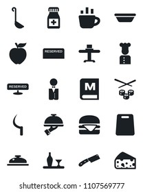 Set of vector isolated black icon - coffee vector, sickle, pills bottle, waiter, cook, alcohol, restaurant table, menu, reserved, reception, hamburger, ladle, bowl, cutting board, knife, sushi