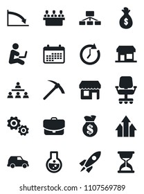 Set of vector isolated black icon - meeting vector, hierarchy, arrow up graph, gear, rocket, money bag, clock, crisis, office chair, calendar, flask, case, car, man with notebook, storefront, sand
