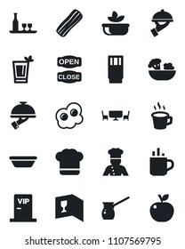 Set of vector isolated black icon - hot cup vector, coffee, cook, alcohol, hat, wine card, drink, phyto bar, salad, bacon, waiter, cafe table, vip zone, open close, bowl, turkish, omelette