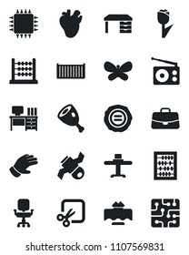 Set of vector isolated black icon - case vector, abacus, desk, stamp, glove, butterfly, real heart, satellite, cargo container, tulip, radio, cut, office chair, restaurant table, ham, chip