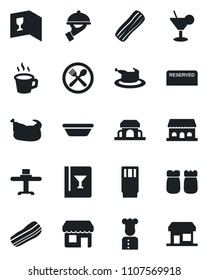 Set of vector isolated black icon - coffee vector, cook, restaurant table, cafe, wine card, reserved, drink, cocktail, bacon, waiter, salt and pepper, building, chicken, bowl, storefront