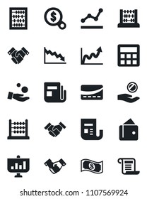 Set of vector isolated black icon - handshake vector, abacus, news, calculator, point graph, credit card, wallet, growth, crisis, money search, investment, cash, presentation, contract