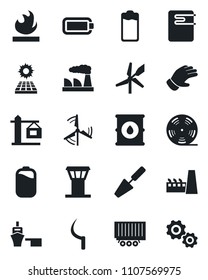 Set of vector isolated black icon - airport tower vector, factory, trowel, glove, sickle, truck trailer, sea port, flammable, oil barrel, reel, battery, sun panel, windmill, crane, water heater