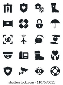 Set of vector isolated black icon - plane radar vector, fence, security gate, boot, hose, patch, heart shield, hand, umbrella, lock, eye id, estate insurance, intercome, surveillance