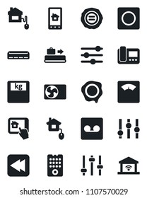 Set of vector isolated black icon - baggage conveyor vector, stamp, scales, settings, rewind, tuning, record, air conditioner, home control, remote, intercome, app, garage gate