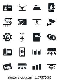 Set of vector isolated black icon - plane radar vector, identity card, drip irrigation, sorting, barcode, chain, root setup, air conditioner, water heater, intercome, home control app, warm floor