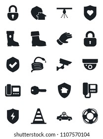 Set of vector isolated black icon - alarm car vector, border cone, glove, boot, hose, heart shield, protect, lock, key, intercome, home, surveillance, sprinkler, crisis management