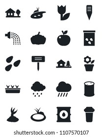 Set of vector isolated black icon - flower in pot vector, watering, sproute, seedling, rain, plant label, pumpkin, seeds, pond, tulip, oil barrel, house with tree, apple fruit, water filter