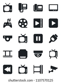 Set of vector isolated black icon - film frame vector, reel, tv, gamepad, play button, pause, rewind, hdmi, video, web camera, intercome, surveillance