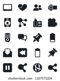 Set of vector isolated black icon - tv vector, video camera, remote control, network, dialog, radio phone, share, speaker, group, heart, paper pin, battery, low, mail, pause button, rewind