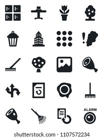 Set of vector isolated black icon - checkroom vector, document reload, stamp, flower in pot, rake, garden light, route, menu, gallery, office building, fruit tree, restaurant table, ham, alarm led